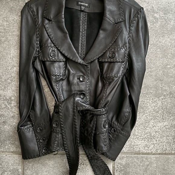 RARE Bebe Women's Genuine Leather Jacket Blazer Button Front Jacket with belt - Picture 13 of 17